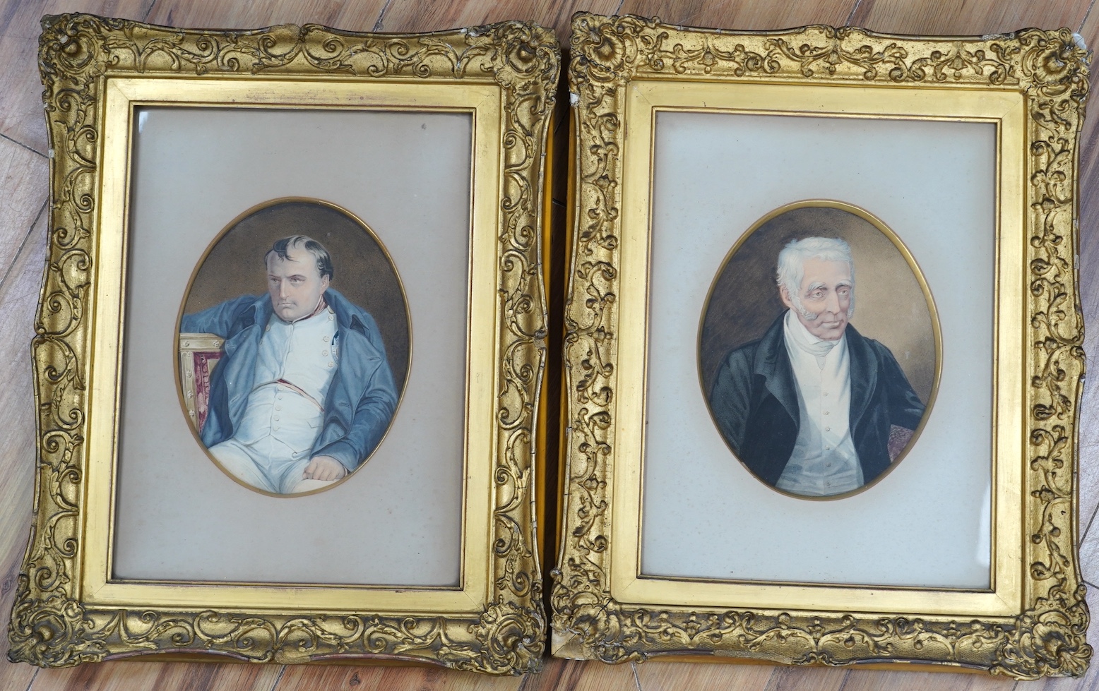 19th century English School, pair of oval watercolours, Portraits of Duke of Wellington and Napoleon Bonaparte, 21 x 16.5cm, gilt framed. Condition - fair, some discolouration and spots of foxing